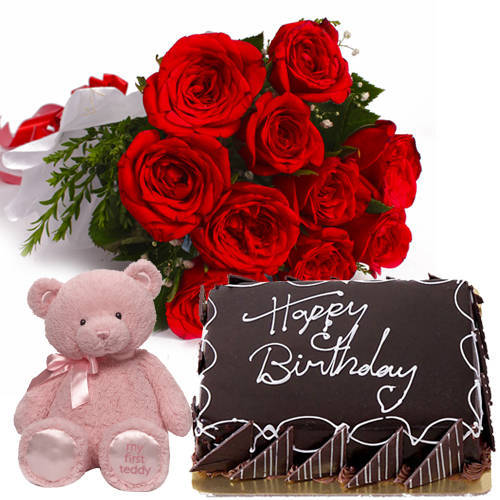 Pretty Roses Bunch with Eggless Chlocolate Cake   Teddy