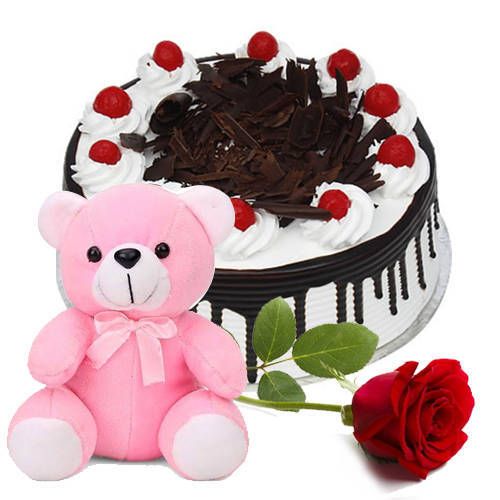 Yummy Black Forest Cake with Single Rose N Teddy
