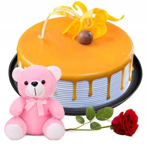 Fantastic Teddy with Red Rose N Eggless Butter Scotch Cake