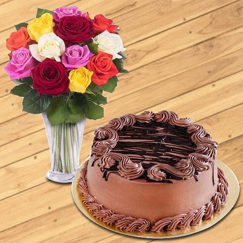 Chocolate Cake N Assorted Roses Arrangement